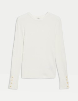 Ribbed Crew Neck Button Detail Jumper