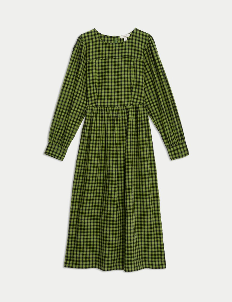 Pure Cotton Checked Midi Waisted Dress