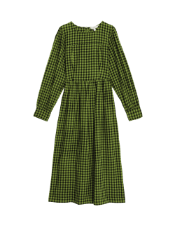 Pure Cotton Checked Midi Waisted Dress