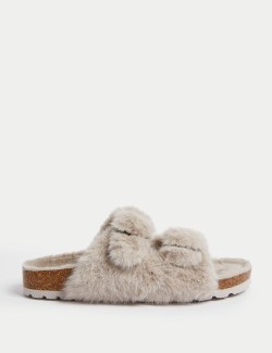 Faux Fur Buckle Slider Slippers