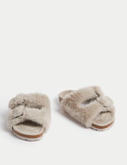 Faux Fur Buckle Slider Slippers