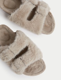 Faux Fur Buckle Slider Slippers