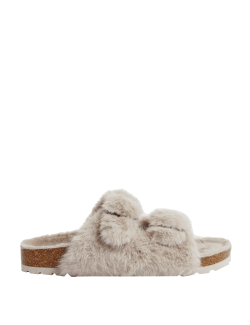 Faux Fur Buckle Slider Slippers