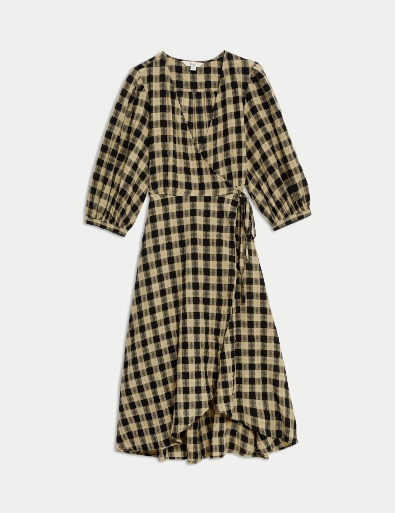 Pure Cotton Checked V-Neck Midi Wrap Dress