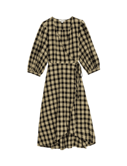 Pure Cotton Checked V-Neck Midi Wrap Dress