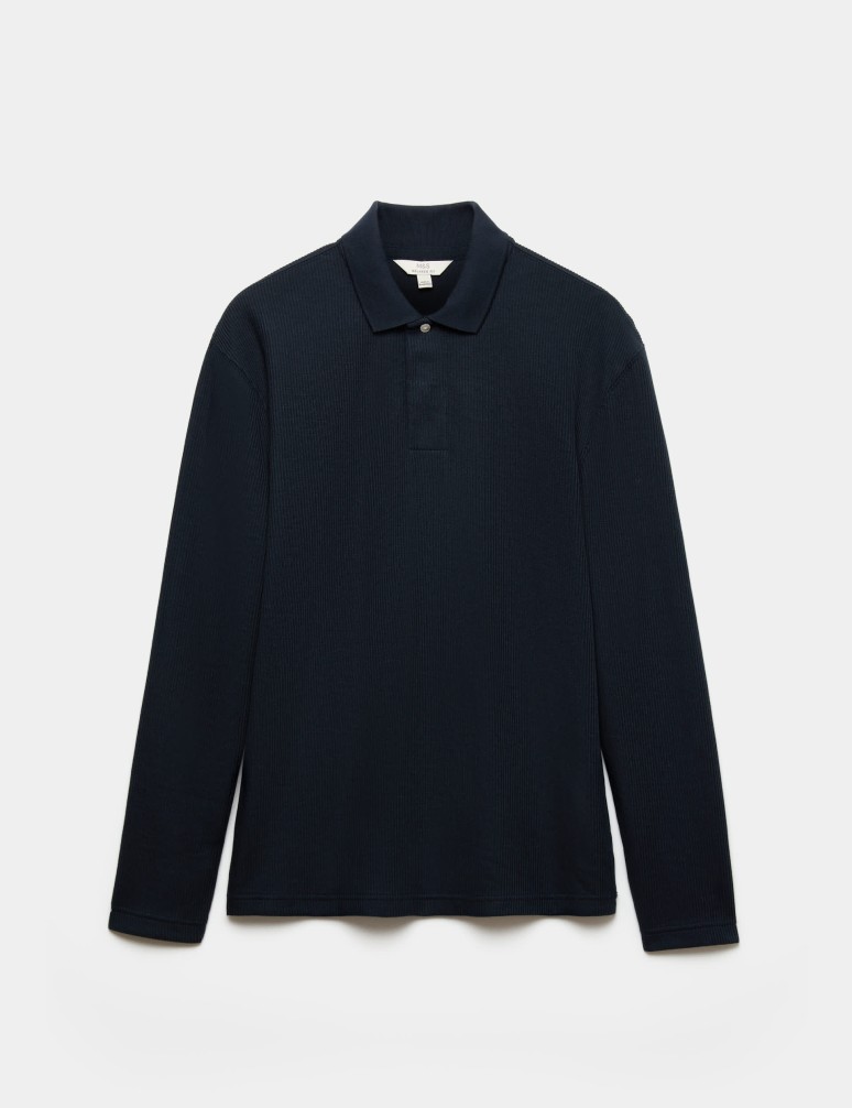 Cotton Blend Ribbed Long Sleeve Polo Shirt