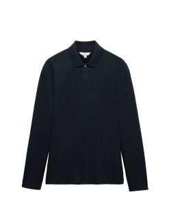 Cotton Blend Ribbed Long Sleeve Polo Shirt