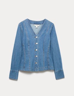 Pure Cotton Denim V-Neck Buttoned Slim Fit Shirt