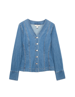 Pure Cotton Denim V-Neck Buttoned Slim Fit Shirt