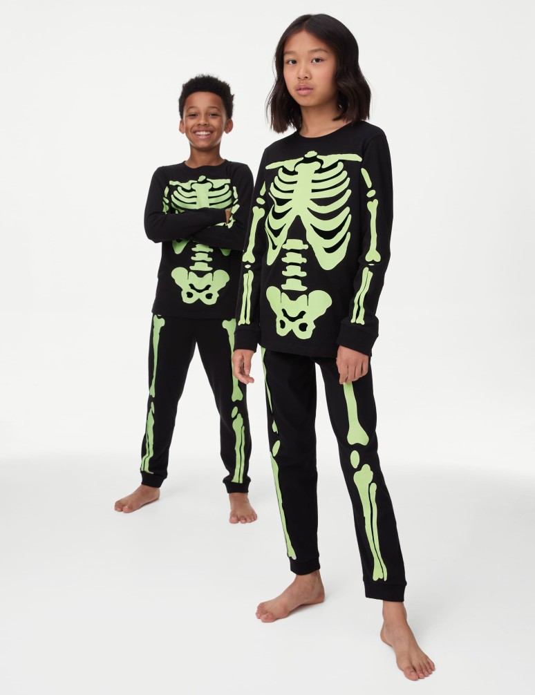 Pure Cotton Glow In The Dark Skeleton Pyjamas (1-16 Yrs)