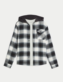 Pure Cotton Checked Hooded Shirt & T-Shirt Set (6-16 Yrs)