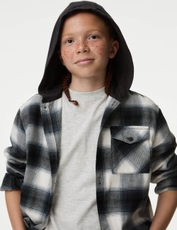 Pure Cotton Checked Hooded Shirt & T-Shirt Set (6-16 Yrs)