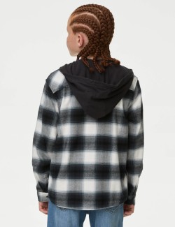 Pure Cotton Checked Hooded Shirt & T-Shirt Set (6-16 Yrs)