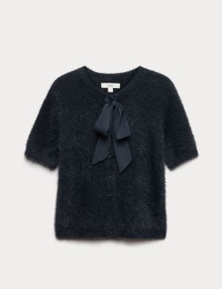 Textured Crew Neck Tie Fastening Cardigan