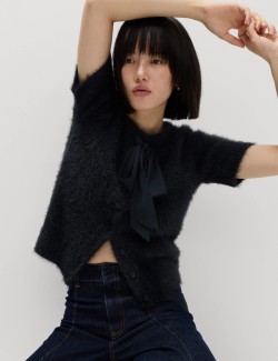 Textured Crew Neck Tie Fastening Cardigan