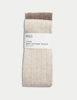 2pk Cotton Rich Cable Knit Tights (2-14 Yrs)