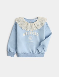 Cotton Rich Broderie Collar Sweatshirt (2-8 Yrs)