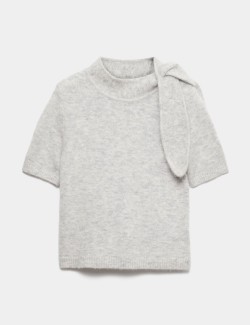 Wool Blend Scarf Neck Tie Knitted Short Sleeve Top