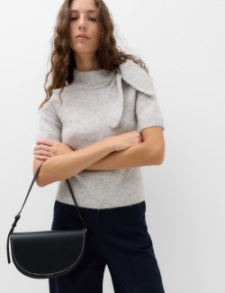 Wool Blend Scarf Neck Tie Knitted Short Sleeve Top