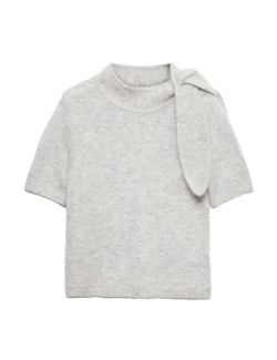 Wool Blend Scarf Neck Tie Knitted Short Sleeve Top