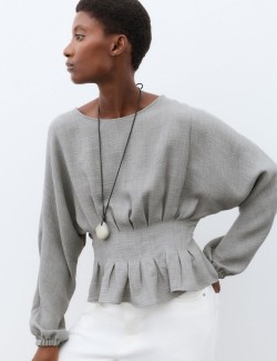 Textured Pleat Detail Blouson Sleeve Blouse