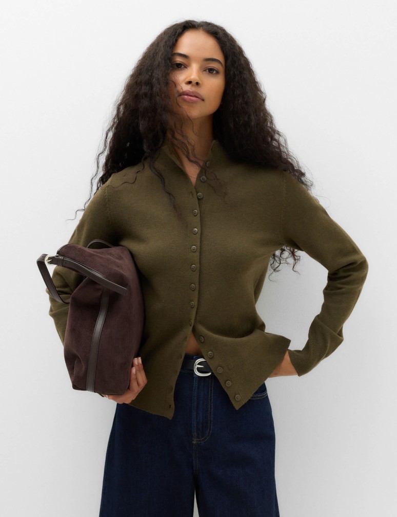 Funnel Neck Slim Fit Cardigan with Wool