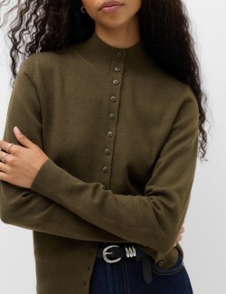 Funnel Neck Slim Fit Cardigan with Wool