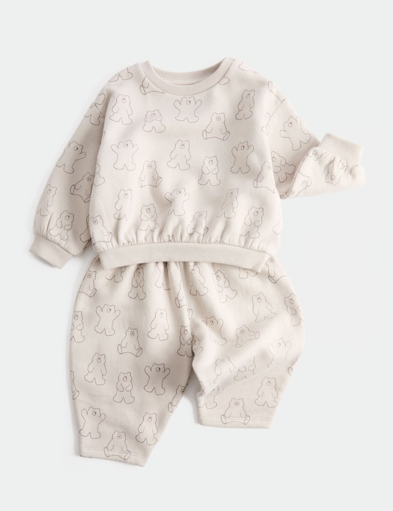 Dvoudílný bavlněný outfit s topem a spodním dílem, motiv medvěda (0–5 let)