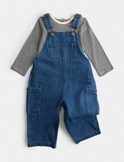 Dvoudílný džínový outfit s kalhotami s laclem (0–3 roky)