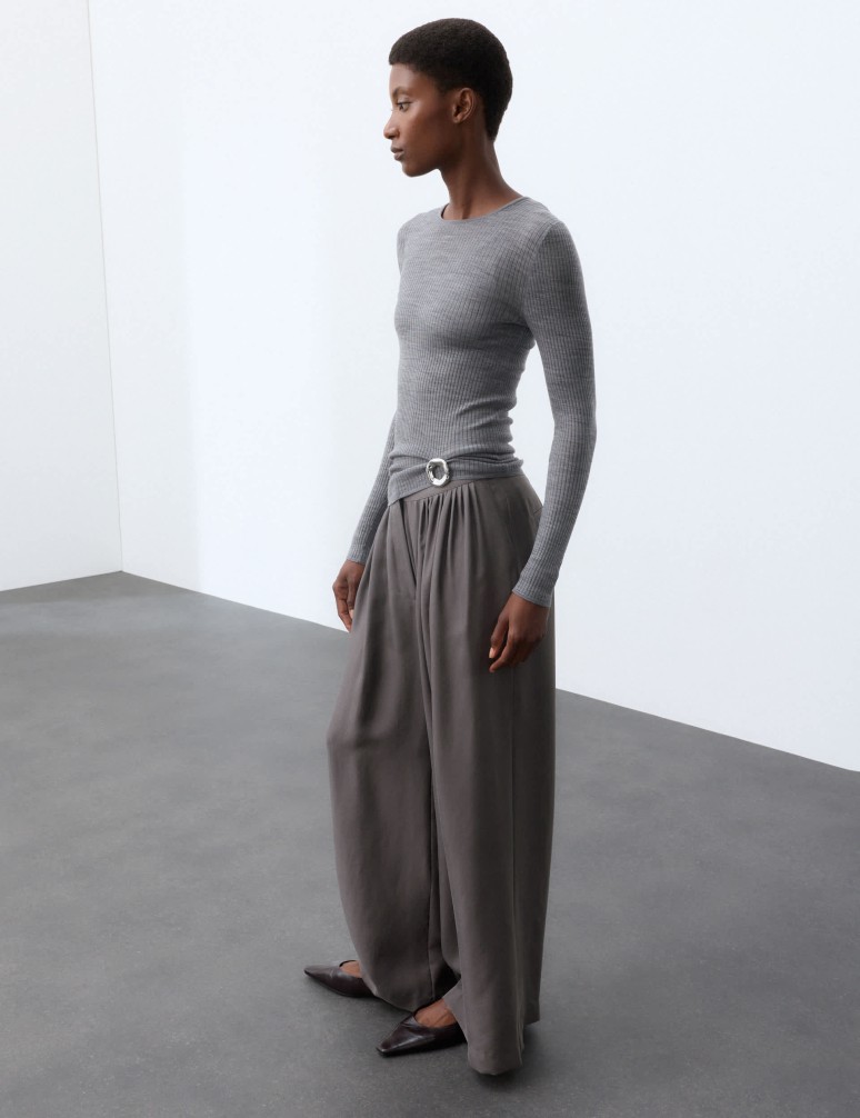 Pure Silk Gathered Waist Wide Leg Trousers