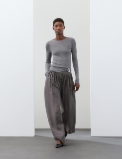 Pure Silk Gathered Waist Wide Leg Trousers