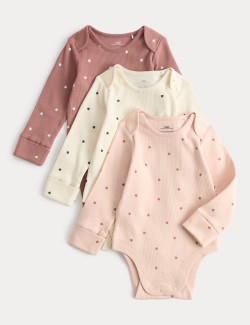 3 Pack Cotton Rich Heart Long Sleeve Bodysuits (0-3 Yrs)