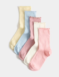 5 Pack Cotton Rich Ribbed Lettuce Trim Socks (6 Small-7 Large)
