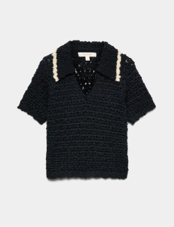 Textured Collared Short Sleeve Knitted Polo With Wool