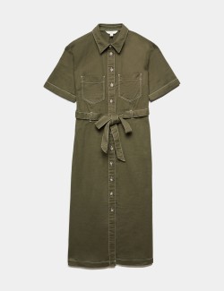 Pure Cotton Collared Belted Midi Utility Dress