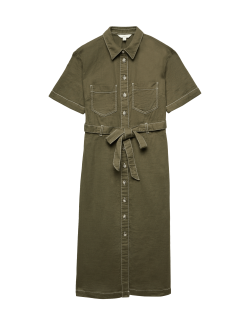Pure Cotton Collared Belted Midi Utility Dress