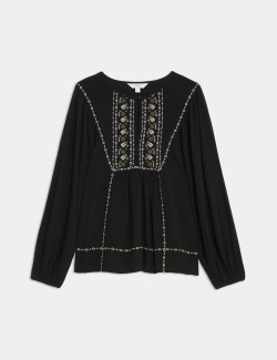 Embroidered Crew Neck Puff Sleeve Blouse