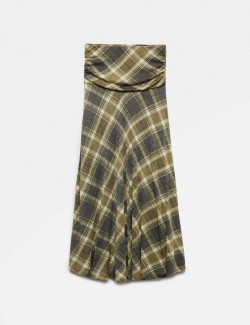 Lyocell Blend Checked Ruched Midi A-Line Skirt