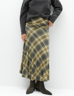 Lyocell Blend Checked Ruched Midi A-Line Skirt