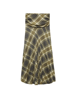 Lyocell Blend Checked Ruched Midi A-Line Skirt