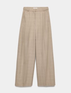 Checked Double Pleat Wide Leg Trousers