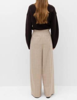Checked Double Pleat Wide Leg Trousers