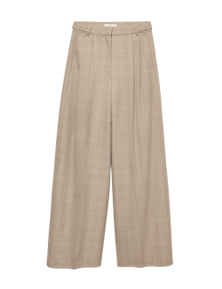 Checked Double Pleat Wide Leg Trousers