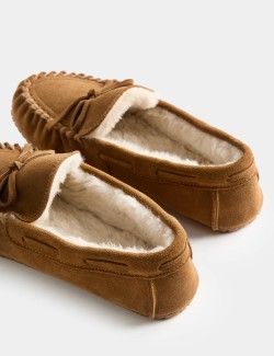 Suede Faux Fur Lined Moccasin Slippers