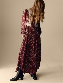 Satin Printed Round Neck Maxi Dress