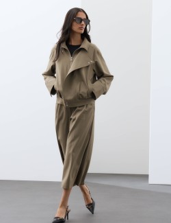 Wool Blend Funnel Neck Tailored Bomber Jacket