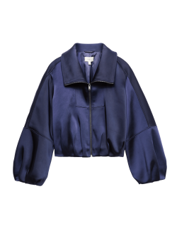 Satin Blouson Sleeve Cropped Bomber Jacket