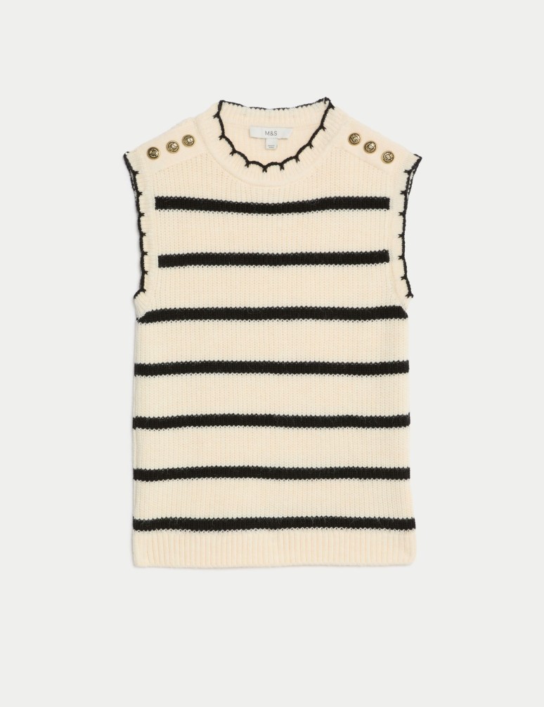 Striped Crew Neck Scalloped Edge Knitted Vest