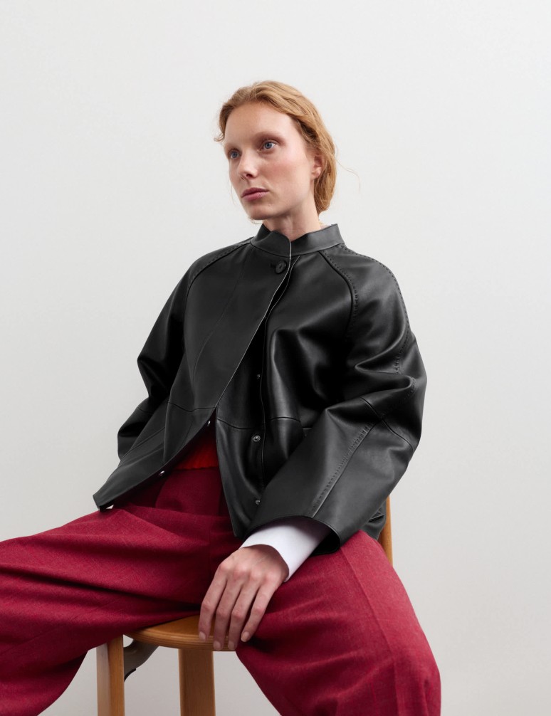 Pure Leather Collarless Short Jacket