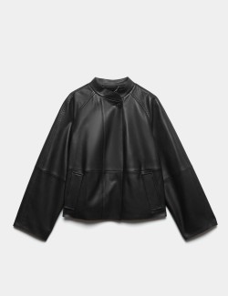 Pure Leather Collarless Short Jacket